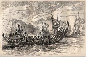 कप्तान जेम्स कुक (1728-1779) की पहली यात्रा (1768-1771): ताहिती बेड़ा ओपारी में इकट्ठा हुआ - "18 वीं शताब्दी के महान नाविक" से लिया गया चित्रण। द्वारा अज्ञात कलाकार