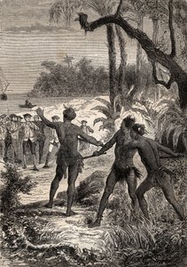 कैप्टन जेम्स कुक (1728-1779) की पहली यात्रा (1768-1771): जबकि कुक और दस नाविक न्यू गिनी के मेरिडियन तट पर रवाना हुए, तीन भारतीय बड़ी चीख के साथ जंगल से बाहर निकले - चित्रण "द ग्रेट मेरिनर्स ऑफ द ग्रेट मेरिनर्स" से लिया गया है। 18वीं सदी"&quo द्वारा अज्ञात कलाकार