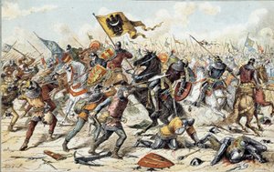 फ्रेंको-इंग्लिश वॉर (1202-1214): फिलिप अगस्टे की फ्रांसीसी सेना और ओथॉन IV के फ्लेमिश एंड वेल्फ़्स के बीच 27/07/1214 को बौविन्स की लड़ाई। युद्ध के परिणाम में फ्रांस की जीत निर्णायक थी। 19 वीं सदी। पेरिस, मुसी डे ल'आर्मी द्वारा अज्ञात कलाकार