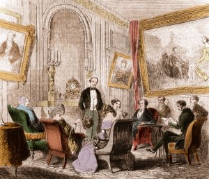 फ्रेंकोइस रेने डी चेटेउब्रिआंड (1768-1848), फ्रांसीसी लेखक और राजनीतिज्ञ, एबे-औ-बोइस, रुए डे सेवरेस, पेरिस में मैडम रिकैमियर के रहने वाले कमरे में "मेमोयर्स डी आउट्रे-टॉम्ब" पढ़ते हुए - उत्कीर्णन द्वारा अज्ञात कलाकार