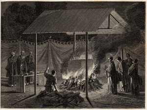 अंतिम संस्कार समारोह: अनुष्ठान भस्मीकरण। एडौर्ड चार्टन के निर्देशन में प्रकाशित "ले टूर डू मोंडे, नोव्यू जर्नल डेस वॉयेजेस" में स्विस परिसंघ के मंत्री एमे हम्बर्ट द्वारा १८६३-१८६४ में जापान की यात्रा को चित्रित करने के लिए उत्कीर्णन द्वारा अज्ञात कलाकार