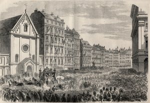 मेक्सिको के सम्राट मैक्सिमिलियन प्रथम का अंतिम संस्कार (1832-1867): वियना के कैपुचिन चर्च के सामने अंतिम संस्कार मंडल का आगमन। "" ल 'विश्वविद्यालय शानदार" में उत्कीर्णन द्वारा अज्ञात कलाकार