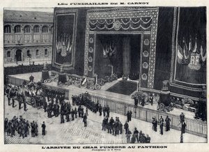 सादी कार्नोट (1837-1894), पूर्व फ्रांसीसी राष्ट्रपति का पेरिस के पैन्थियॉन में अंतिम संस्कार। अंतिम संस्कार टैंक का आगमन। "" ले पेरिसियन "" में उत्कीर्णन द्वारा अज्ञात कलाकार