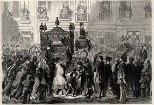 पेरिस में Gioacchino (Gioachino) Rossini (1799-1868) के सम्मान के दौरान फ्यूनरी कोर्टेज। "ब्रह्मांड शानदार" में उत्कीर्णन द्वारा अज्ञात कलाकार
