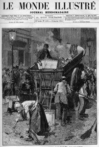 गारबेज बॉक्स, पेरिस में नया ट्रक rue du Cherche Midi (Cherche-Midi). पेरिस में एक सड़क पर कचरे को गाड़ी में डालने के लिए उठाते पुरुष और महिलाएं, इस प्रकार जीवन को साफ करते हैं। "" ले मोंडे इलस्ट्र्रे "" में उत्कीर्णन द्वारा अज्ञात कलाकार