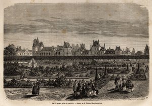 फर्श से लिया गया फॉनटेनब्लियू के महल और उद्यानों का सामान्य दृश्य। 1867 में एम.पे द्वारा "ले टूर डू मोंडे, नोव्यू जर्नल डेस वॉयेजेस" में, फॉनटेनब्लियू के महल और जंगल के विवरण को स्पष्ट करने के लिए उत्कीर्ण किया गया था। द्वारा अज्ञात कलाकार