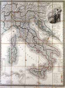 1850 में विभिन्न राज्यों की सीमाओं के परिसीमन के साथ इटली का भौगोलिक मानचित्र जो रिसोर्गिमेंटो से पहले देश बना। द्वारा अज्ञात कलाकार
