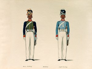 गोलकुंज, मद्रास हॉर्स आर्टिलरी; और सोवर, मद्रास लाइट कैवलरी, 1835 के लगभग। द्वारा अज्ञात