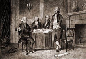 एडम्स, हैमिल्टन और जेफरसन के साथ गवर्नर मॉरिस (1752-1816)। द्वारा अज्ञात कलाकार