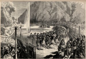 14 अगस्त की भव्य पत्रिका: सम्राट नेपोलियन III (1808-1873), उसके बाद उनके कर्मचारियों ने पेरिस में तुइलरीज गार्डन को पार किया। उनके बेटे, शाही राजकुमार यूजीन लुई जोसेफ (1856-1879), उनके दाईं ओर हैं। "ब्रह्मांड शानदार" में उत्कीर्णन द्वारा अज्ञात कलाकार