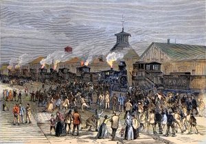 1877 में ग्रेट रेलरोड स्ट्राइक, वेस्ट वर्जीनिया के मार्टिंसबर्ग में इंजनों की नाकाबंदी द्वारा अज्ञात कलाकार