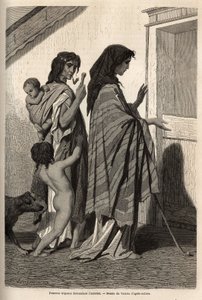जिप्सी महिलाएं और बच्चे, लत्ता में या आधे नग्न, Essek (डेन्यूब बेसिन) में डोर-टू-डोर अल्मोन मांगते हुए। 1868 में जॉर्जेस पेरोट द्वारा दक्षिणी स्लावों के बीच यात्रा की यादों को चित्रित करने के लिए उत्कीर्ण, "ले टूर डू मोंडे" 1870-1871 में प्रकाशित द्वारा अज्ञात कलाकार