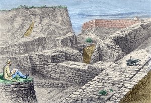 खुदाई के दौरान ट्रॉय (हिसारलिक) की दीवारों के चित्र लेते हुए हेनरिक श्लीमैन द्वारा अज्ञात कलाकार