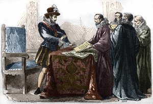हेनरी चतुर्थ (1553 - 1610) ने 13 अप्रैल 1598 को नैनटेस के संपादन पर हस्ताक्षर किए। द्वारा अज्ञात कलाकार
