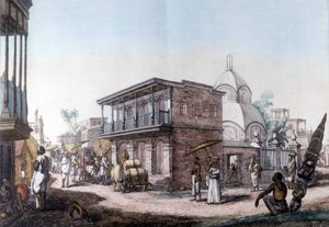 हिंदू इमारतें: भारत के कलकत्ता (कलकत्ता) शहर में सड़क। द्वारा अज्ञात कलाकार