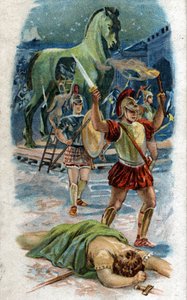 अकिलीज़ के जीवन का इतिहास, ट्रोजन युद्ध के महान नायक: द कैप्चर ऑफ़ ट्रॉय। घोड़े की बदौलत शहर से आगे अकिलीज़। 1890 की क्रोमोलिथोग्राफी। द्वारा अज्ञात कलाकार
