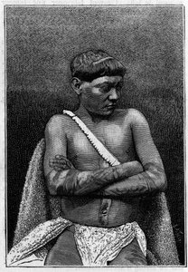 मानव चिड़ियाघर: पेरिस में जार्डिन डी'एक्लीमेटेशन में युवा गलीबी आदमी (अमेरिकन लोग)। 19 अगस्त 1882 के "" प्रकृति: विज्ञान और कला और उद्योग के लिए उनके अनुप्रयोगों की समीक्षा "" में उत्कीर्णन। द्वारा अज्ञात कलाकार