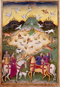 हॉक्स के साथ शिकार का दृश्य "" ड्यूक ऑफ स्फोर्ज़ा के आदर्श वाक्य और प्रतीक के साथ बाज़ और वेनेरी का इलाज करें" 1459 (एमएस। 1375) चान्तिली, मुसी कोंडे द्वारा अज्ञात कलाकार