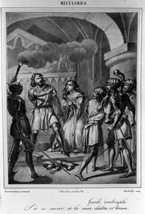 इतालवी कवि और नाटककार उगो फोस्कोलो (1778-1827) 19वीं सदी द्वारा "रिकियार्डा" के अधिनियम वी के अंतिम दृश्य के लिए चित्रण द्वारा अज्ञात कलाकार