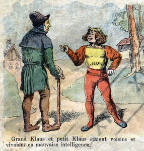 हंस क्रिश्चियन एंडरसन (1805-1875) "ग्रैंड क्लॉस एंड लिटिल क्लॉस" (क्लॉस) की कहानी के लिए 19वीं सदी के उत्तरार्ध का चित्रण। निजी संग्रह। द्वारा अज्ञात कलाकार