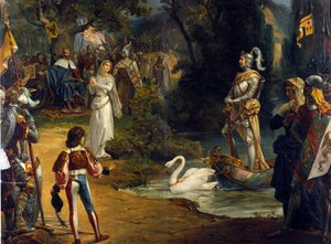जर्मन संगीतकार रिचर्ड वैगनर (1813-1883) द्वारा ओपेरा "लोहेंग्रिन" का चित्रण। क्रोमोलिथोग्राफी द्वारा अज्ञात कलाकार
