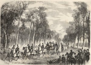 नेपोलियन III (1808-1873) और इम्पेराट्रिस यूजनी (1826-1920) की उपस्थिति में कॉम्पिएग्ने में शाही शिकार। 1857 से "ले मोंडे शानदार" में उत्कीर्णन। निजी संग्रह। द्वारा अज्ञात कलाकार