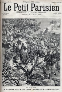 फ्रांसीसी उपनिवेशों में: जनरल जोसेफ जोफ्रे (1852-1931) के स्तंभ का मार्च और टिम्बकटू (माली) पर उनकी सेना की सेना। "" ले पेरिसियन "" में उत्कीर्णन द्वारा अज्ञात कलाकार