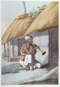 भारतीय संस्कृति, सभ्यता और समाज: पारंपरिक भारतीय बांसुरी वाला संगीतकार। 1808 से उत्कीर्णन। द्वारा अज्ञात कलाकार