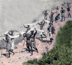 हाथी दांत का व्यापार: कांगो के वाहकों का कारवां हाथी की रक्षा करता है। 19वीं सदी की नक्काशी द्वारा अज्ञात कलाकार