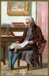 जेम्स वाट (1736 -1819) अपने कार्यालय में। 19वीं सदी की क्रोमोलिथोग्राफी। द्वारा अज्ञात कलाकार