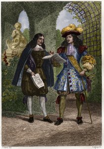जॉन द बैपटिस्ट (जीन-बैप्टिस्ट) कोलबर्ट (1619-1683) लुई XIV, फ्रांस के राजा और नवरे (1638-1715) के साथ। 19वीं सदी की नक्काशी। निजि संग्रह। द्वारा अज्ञात कलाकार