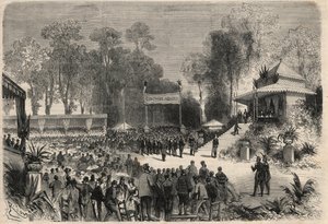 नेपोलियन III की यात्रा (1808-1883) और इंप्रेस यूजनी डी मोंटिजो (1826-1920) से रूएन तक: कृषि प्रतियोगिता में पुरस्कारों का वितरण। "" ल 'विश्वविद्यालय शानदार" में उत्कीर्णन द्वारा अज्ञात कलाकार