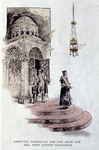 यहूदी धर्म: आमतौर पर पवित्र सन्दूक में रखे गए टोरा स्क्रॉल का उपयोग एक समारोह में किया जाता है। रब्बी तलित या त्ज़िट्ज़िट प्रार्थना चूना पहनता है। वेस्ट लंदन सिनेगॉग द्वारा अज्ञात कलाकार