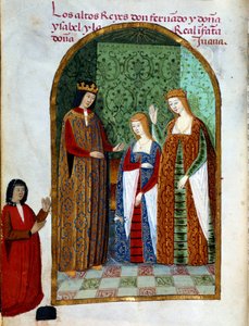 राजा फर्डिनेंड द्वितीय, आरागॉन और सिसिली के राजा (1452 - 1516), जोन, कैस्टिले की रानी (1479 - 1555) और इसाबेला प्रथम कैस्टिले (कैथोलिक के रूप में जाना जाता है), स्पेन की रानी (1451 - 1504)। "" देवोसियोनारियो डे ला रेयना दा जुआना ए क्वीन लामारोन ल द्वारा अज्ञात कलाकार
