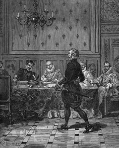 फ्रांस के राजा हेनरी चतुर्थ (1553-1610) (खड़े) अपने राजदूतों के साथ बैठक में। 19वीं सदी की नक्काशी। जूल्स मिशेले द्वारा "हिस्टॉयर डी फ्रांस" में द्वारा अज्ञात कलाकार
