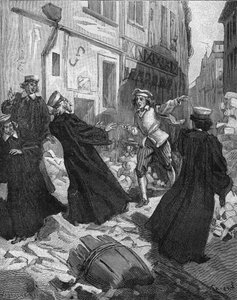 ला फ्रोंडे (27 अगस्त 1648) - पेरिस में बैरिकेड्स: संसद के राष्ट्रपति मैथ्यू मोले (1584-1656) को धमकी देने वाला रोटर बॉय। 19वीं सदी की नक्काशी। जूल्स मिशेले द्वारा "हिस्टॉयर डी फ्रांस" में द्वारा अज्ञात कलाकार
