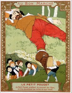 ले पेटिट पॉसेट अपने सात-लीग के जूते को असूपी ओग्रे - बॉन मार्चे विज्ञापन लेबल, 19 वीं शताब्दी के अंत में उतारता है द्वारा अज्ञात कलाकार