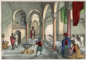 1830 के आसपास अल्जीयर्स में ले बैन मौरे (सार्वजनिक स्नान)। लियोन गैलिबर्ट द्वारा "प्राचीन और आधुनिक अल्जीरिया" में। १८४६ रंग में इतालवी संस्करण। द्वारा अज्ञात कलाकार