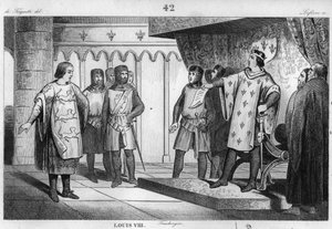 लुई VIII (1187-1226) शेर को इंग्लैंड के अपने दुश्मन हेनरी III (1207-72) से एक दूत प्राप्त होता है - लुई VIII dit "" ले लायन" (1187-1226), कैपेटियन राजवंश, गर्व और फ़र्मेट के साथ प्रतिक्रिया करता है इंग्लैंड के राजा हेनरी III का एक दूत- 1 का  द्वारा अज्ञात कलाकार