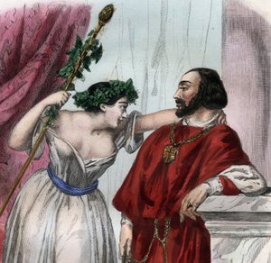 ल्यूक्रेस बोर्गिया (1480-1519) अपने भाई सीजर बोर्गिया के साथ। (लुक्रेज़िया और सेसारे बोर्गिया)। मौरिस लछात्रे द्वारा "हिस्टोइरे डेस पोप्स: क्राइम्स, मर्डर, पॉइज़निंग, पैरीसाइड्स, एडल्टर्स, अनाचार ..." में 1842 से उत्कीर्ण। निजि संग्रह। द्वारा अज्ञात कलाकार