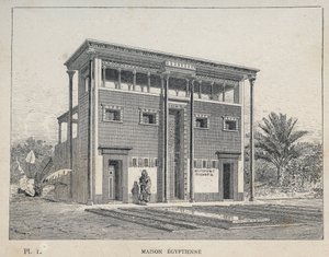 मैसन इजिप्टियन (मिस्र का घर) - मिस्टर चार्ल्स गार्नियर द्वारा "1889 की सार्वभौमिक प्रदर्शनी में मानव निवास का इतिहास" में 1889 का उत्कीर्णन - लाइब्रेरी सेंट्रेल डेस बीक्स-आर्ट्स पेरिस 1889 द्वारा अज्ञात कलाकार