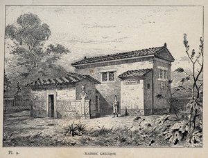 मैसन ग्रीक (ग्रीक हाउस) - मिस्टर चार्ल्स गार्नियर द्वारा "1889 की सार्वभौमिक प्रदर्शनी में मानव निवास का इतिहास" में 1889 का उत्कीर्णन - लाइब्रेरी सेंट्रेल डेस बीक्स-आर्ट्स पेरिस 1889 द्वारा अज्ञात कलाकार