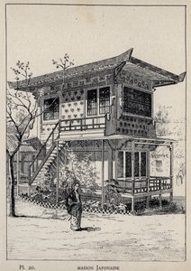 जापानी घर (जापानी घर) - मिस्टर चार्ल्स गार्नियर द्वारा "1889 की सार्वभौमिक प्रदर्शनी में मानव निवास का इतिहास" में 1889 का उत्कीर्णन - लाइब्रेरी सेंट्रेल डेस बीक्स-आर्ट्स पेरिस 1889 द्वारा अज्ञात कलाकार