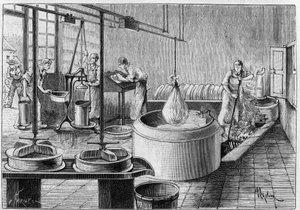 ग्रेयरे का निर्माण: एक आधुनिक पनीर का कारखाना। 19 सितंबर 1891 के "" प्रकृति: विज्ञान और कला और उद्योग के लिए उनके अनुप्रयोगों की समीक्षा "" में उत्कीर्णन। द्वारा अज्ञात कलाकार