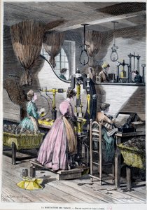 तंबाकू का निर्माण, धूम्रपान के लिए तंबाकू की पैकेजिंग। 1867 पेरिस का लिथोग्राफ, मुसी कार्नावलेटval द्वारा अज्ञात कलाकार