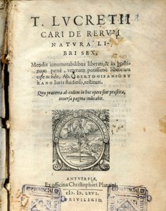 लैटिन दार्शनिक ल्यूक्रेस (टाइटस ल्यूक्रेटियस कारस) (98-55 ईसा पूर्व) 1564 द्वारा ""डी नेचुरा रेरम"" (प्रकृति से) के खंड 6 का पांडुलिपि पृष्ठ द्वारा अज्ञात कलाकार