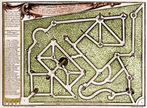 आंद्रे ले नोट्रे (1613-1700) द्वारा बनाए गए वर्साय के महल के पार्क में भूलभुलैया का नक्शा। "" प्रकृति में उत्कीर्णन। जर्नल ऑफ़ साइंस एंड इट्स एप्लीकेशन्स टू आर्ट्स एंड इंडस्ट्री ” द्वारा अज्ञात कलाकार
