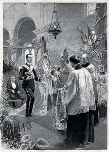 हेलेन (एलेना) डी'ऑरलियन्स (1871-1951) और इमानुएल फिलिबर्टो डी सावोइया एओस्टा (इमैनुएल-फिलिबर्ट डी सावोई (सावोई-ओस्टा) (इमैनुएल फिलिबर्ट डी सावोई एओस्टा) (1869-1931) (इमैनुएल फिलिबर्टो डी सावोइया-एमानुएल फिलिबर्टो डी सावोइया) के बीच विवाह ) 1895 में किं द्वारा अज्ञात कलाकार