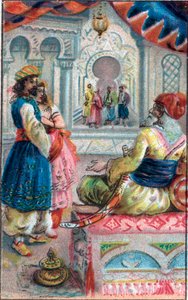 राजा से पहले मारुफ: टेल ऑफ़ मारुफ़ (मारुफ़) द सेवर "" द हज़ार एंड वन नाइट्स" (1001 नाइट्स या ले मिले ए उना नोट, अरेबियन नाइट्स), 19 वीं शताब्दी के अंत की क्रोमोलिथोग्राफी। द्वारा अज्ञात कलाकार
