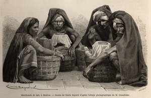 मद्रास (वर्तमान चेन्नई, तमिलनाडु) की गलियों में दूध के व्यापारी। 1862-1864 में अल्फ्रेड ग्रैंडिडियर द्वारा भारत के मेरिडियन प्रांतों में यात्रा को चित्रित करने के लिए, डी'एडौर्ड च के निर्देशन में "ले टूर डू मोंडे" में प्रकाशित किया गया था। द्वारा अज्ञात कलाकार